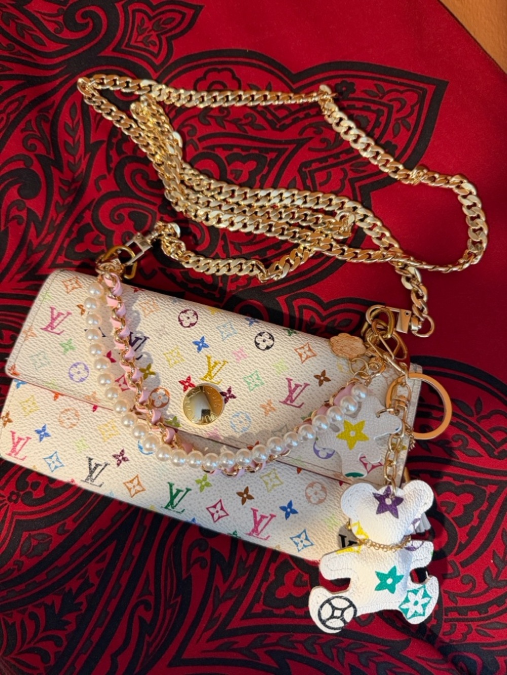 Louis Vuitton Multicolor Monogram White Canvas Shoulder Bag with Gold Chain
